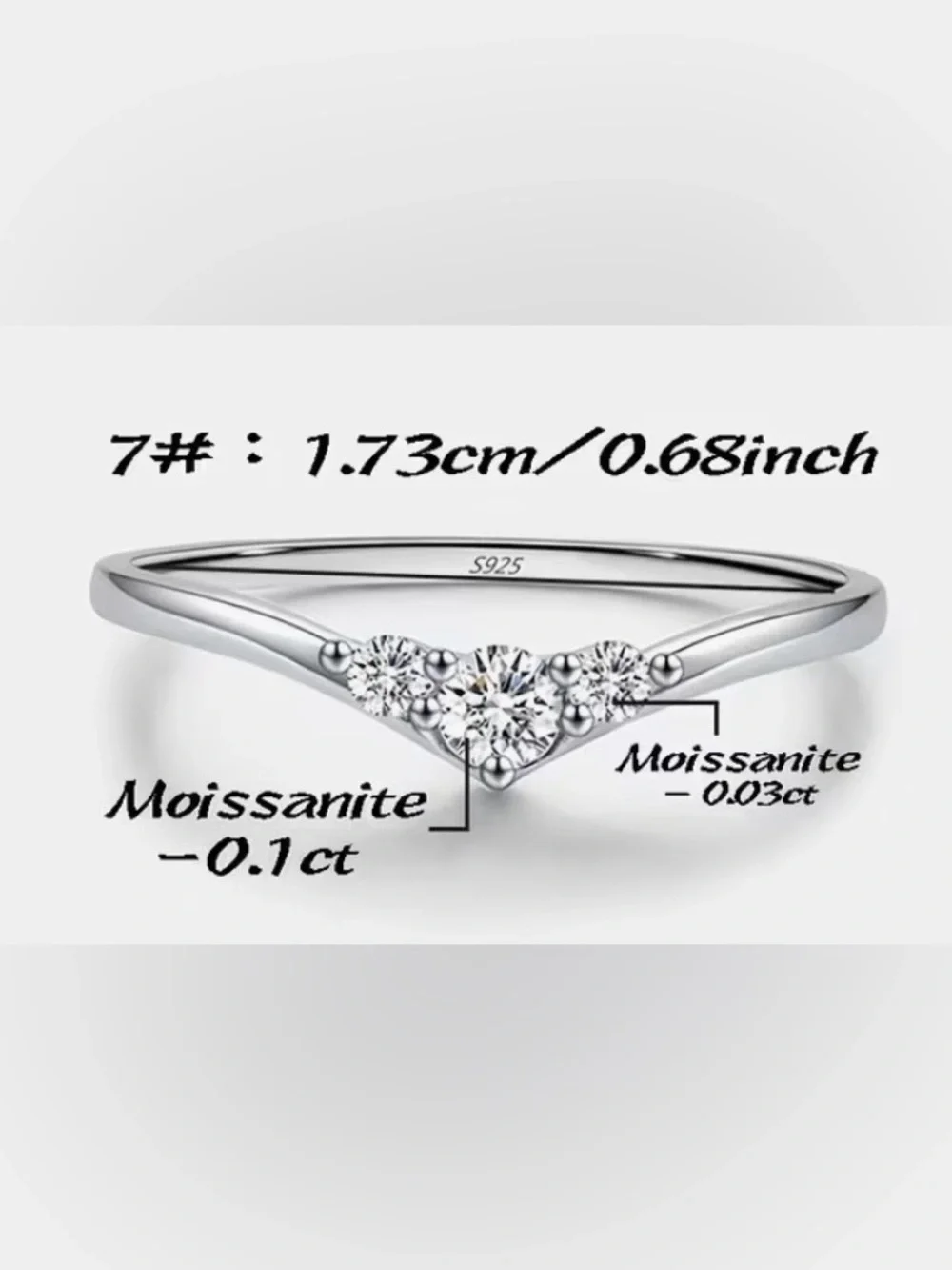 NEW Sterling Silver V-Shape Three-Stone Moissanite Ring - Picture 3 of 3